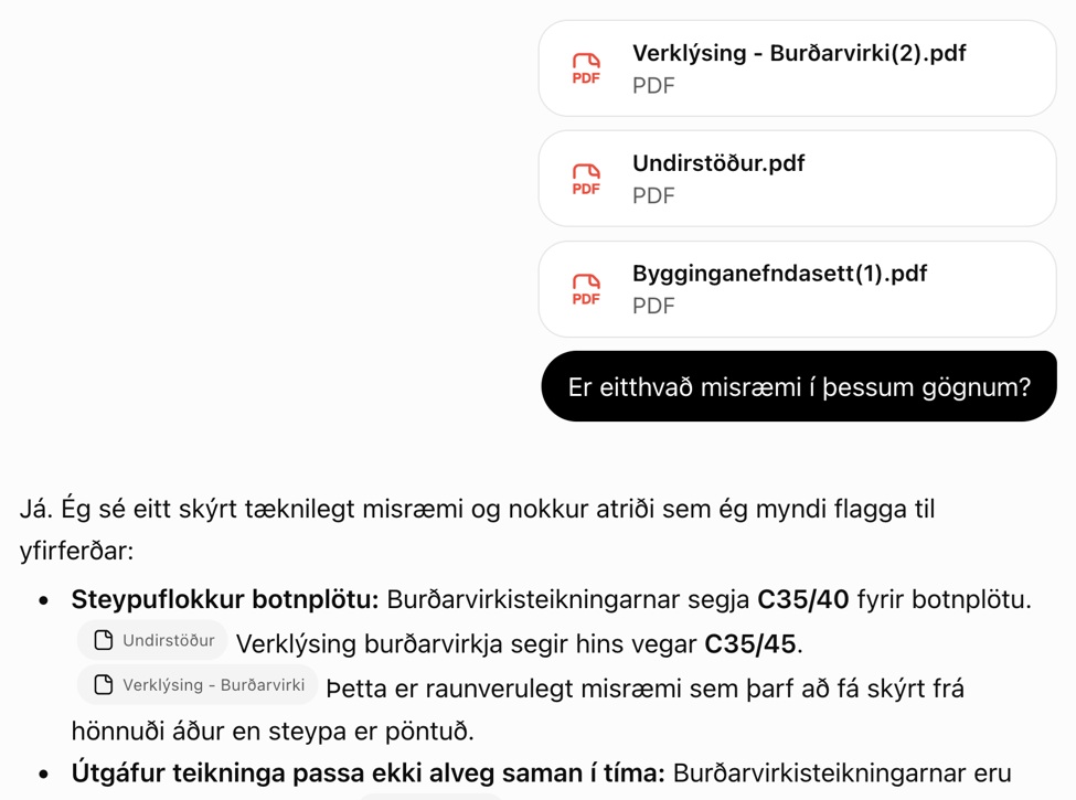 Skjáskot úr ChatGPT sem bendir á misræmi milli verklýsingar og teikninga