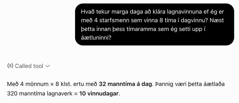 Skjáskot úr ChatGPT sem áætlar vinnutíma við lagnavinnu út frá fjölda starfsmanna